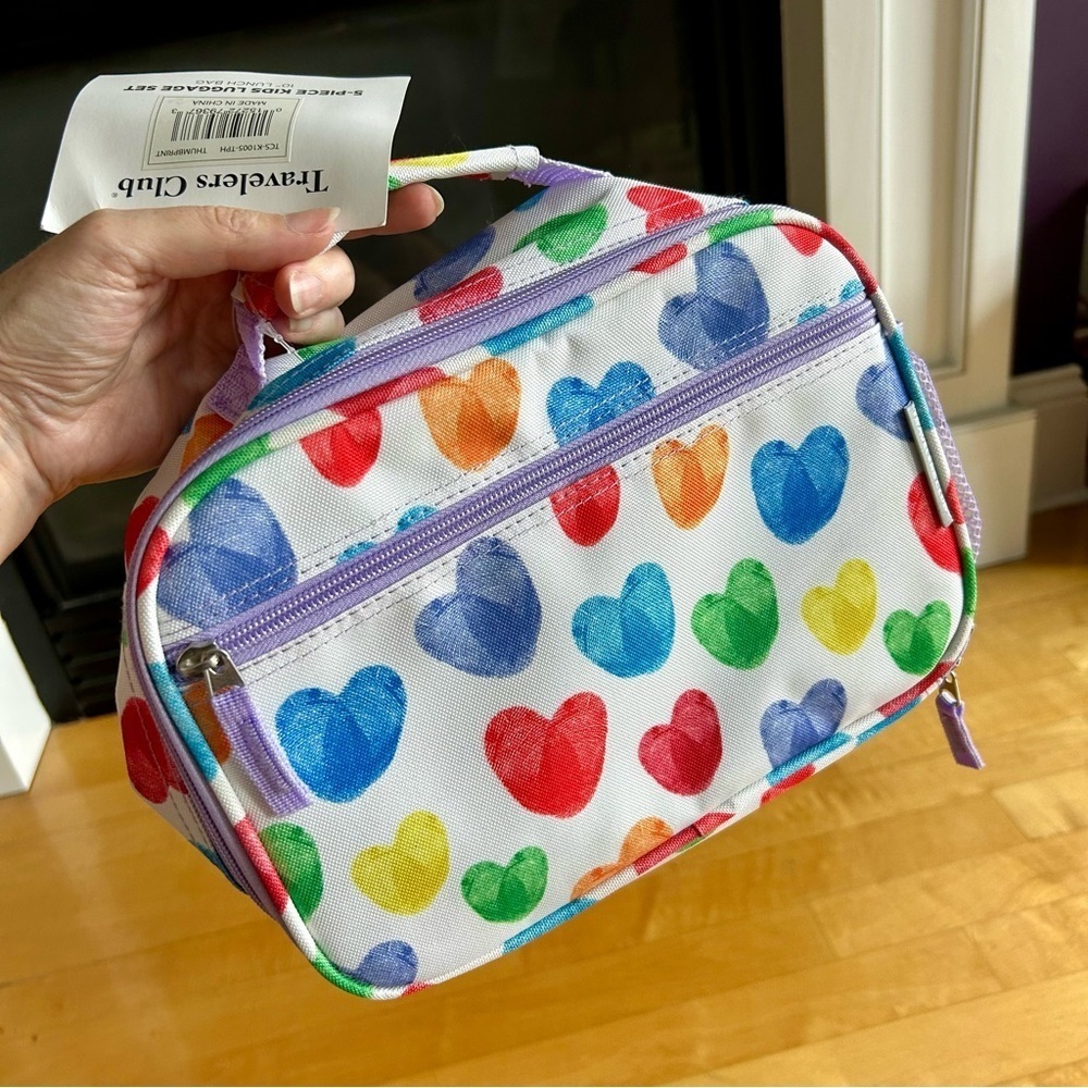 Travelers Club HEARTS Insulated Lunch Cooler Bag, Rainbow, White, Purple, 10 in